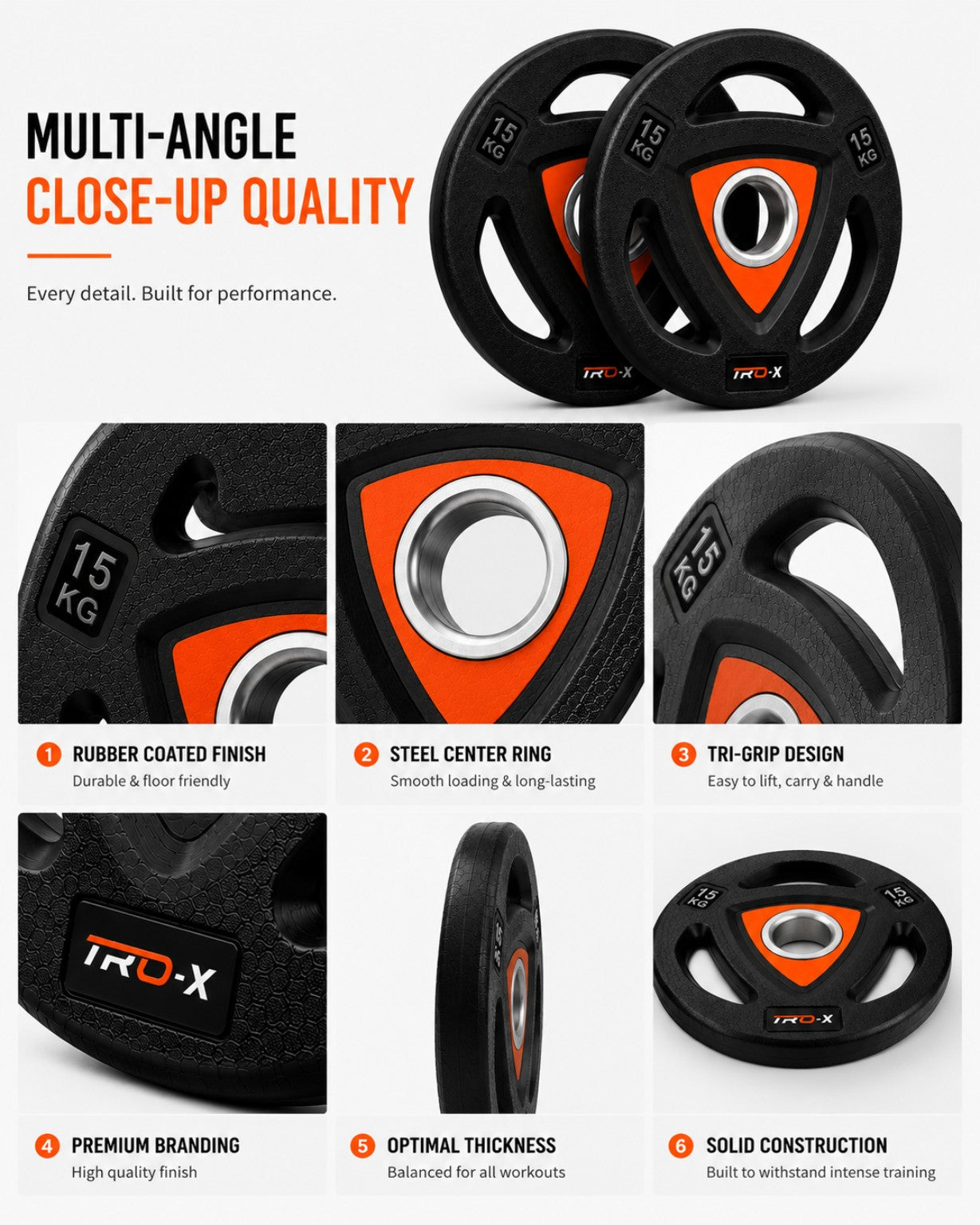 TRO-X Premium Rubber Coated Olympic Weight Plates | Tri-Grip Strength Training Plates