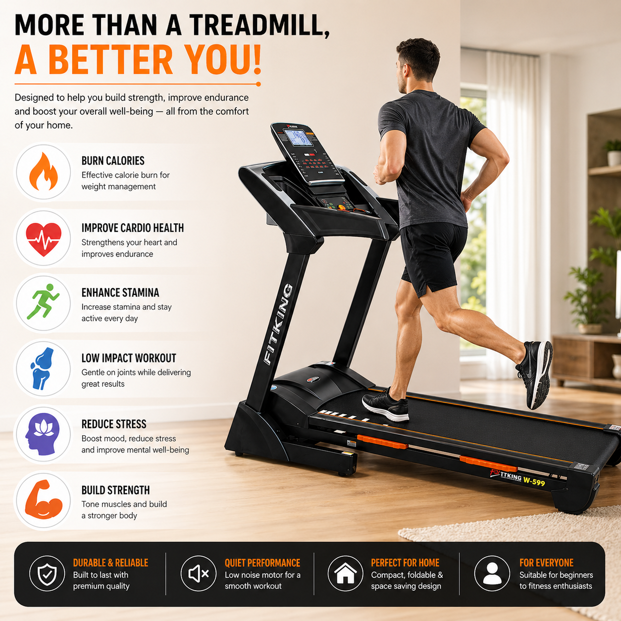 Fitking W-599 3.5HP Motorized Treadmill | 18 km/h Speed, Auto Incline, 7” Smart LCD