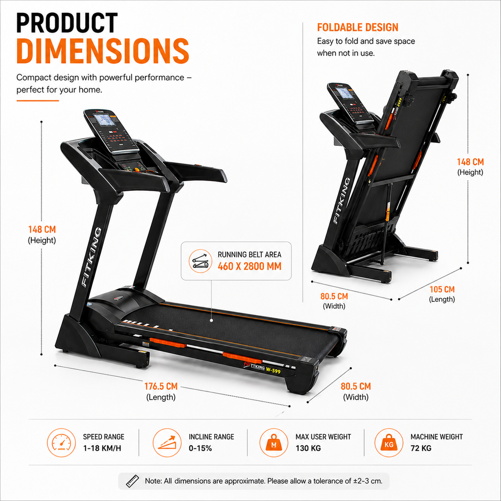 Fitking W-599 3.5HP Motorized Treadmill | 18 km/h Speed, Auto Incline, 7” Smart LCD