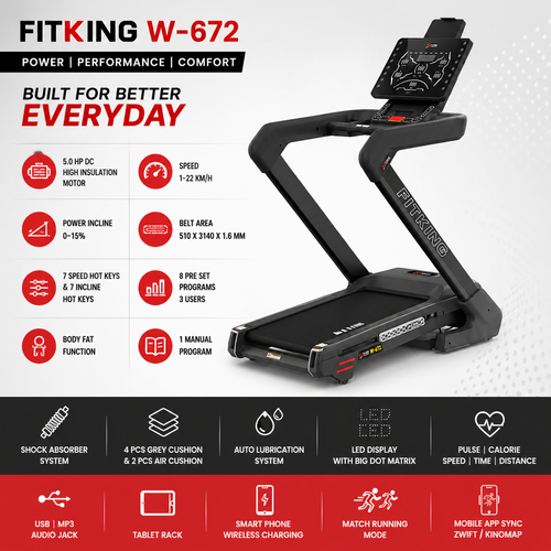 Fitking W-672 Professional Treadmill with 5HP Motor, LED Display & 15% Incline