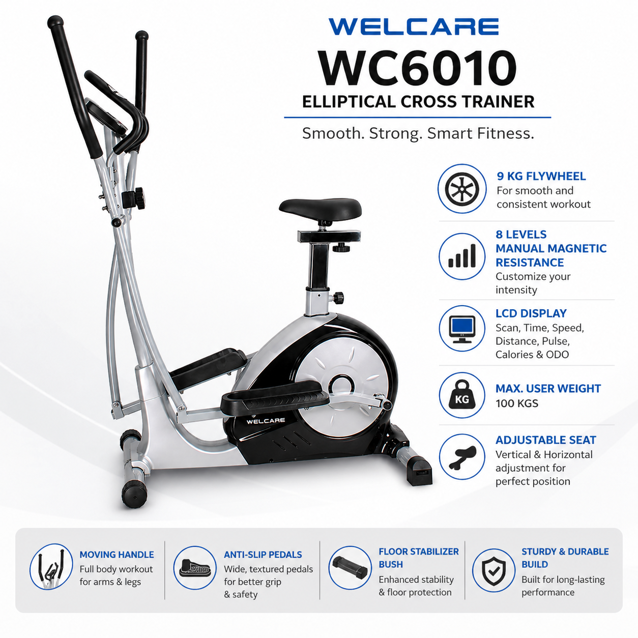 WC6010 Elliptical Trainer with 9kg Flywheel & 8-Level Magnetic Resistance
