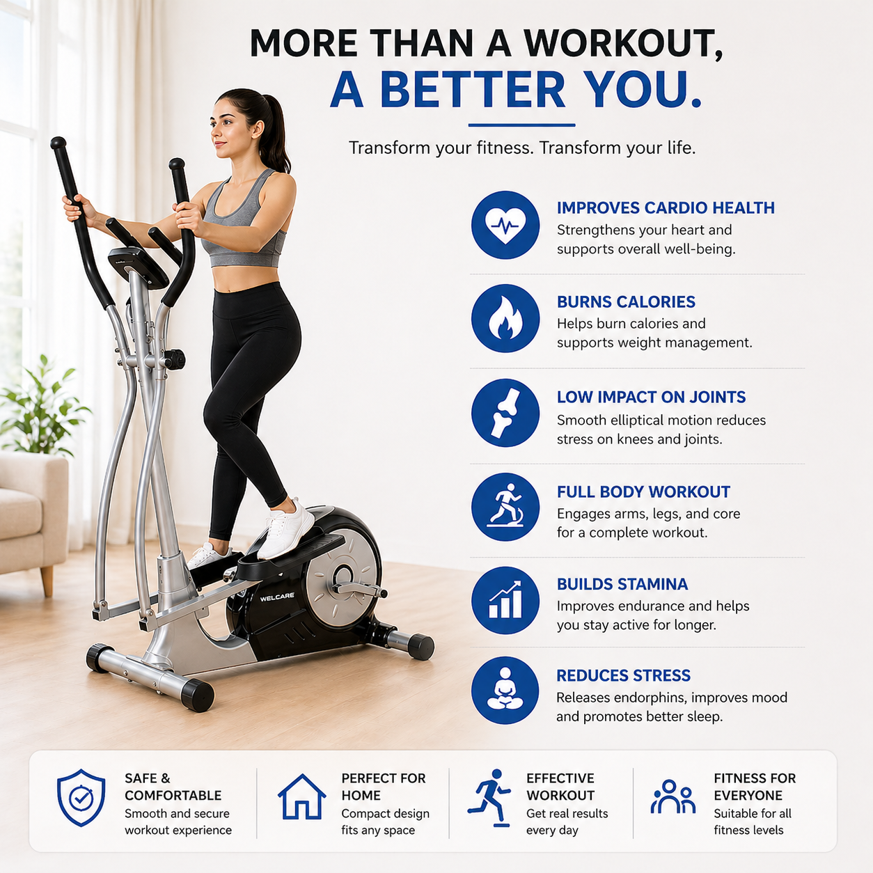 WC6010 Elliptical Trainer with 9kg Flywheel & 8-Level Magnetic Resistance