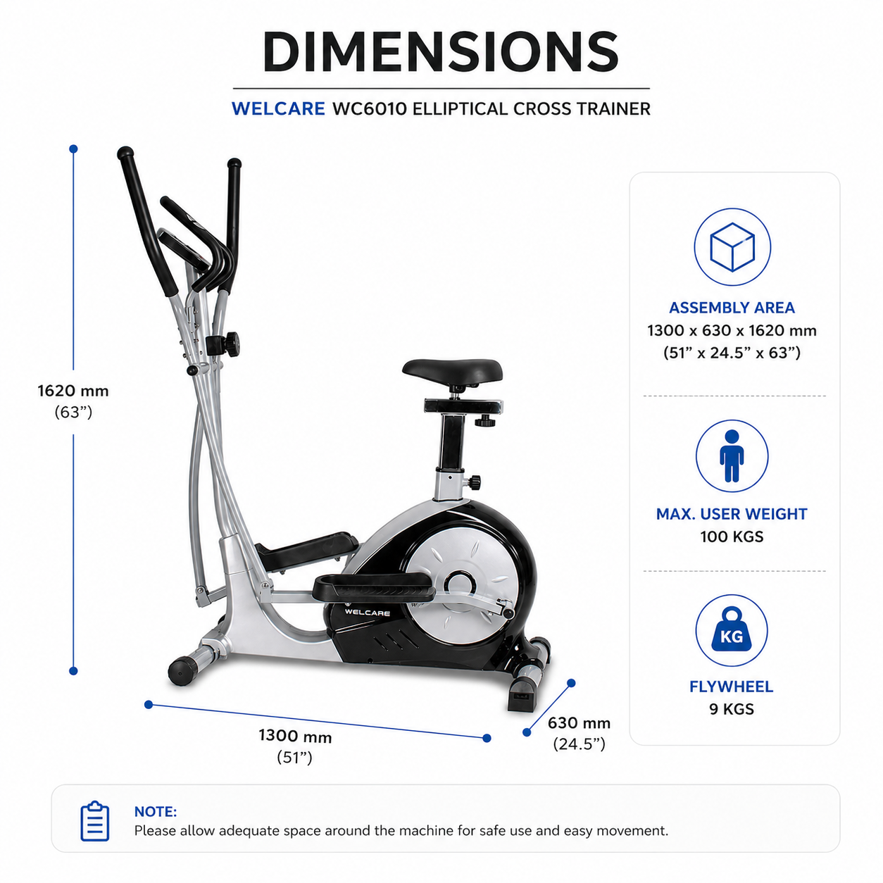 WC6010 Elliptical Trainer with 9kg Flywheel & 8-Level Magnetic Resistance
