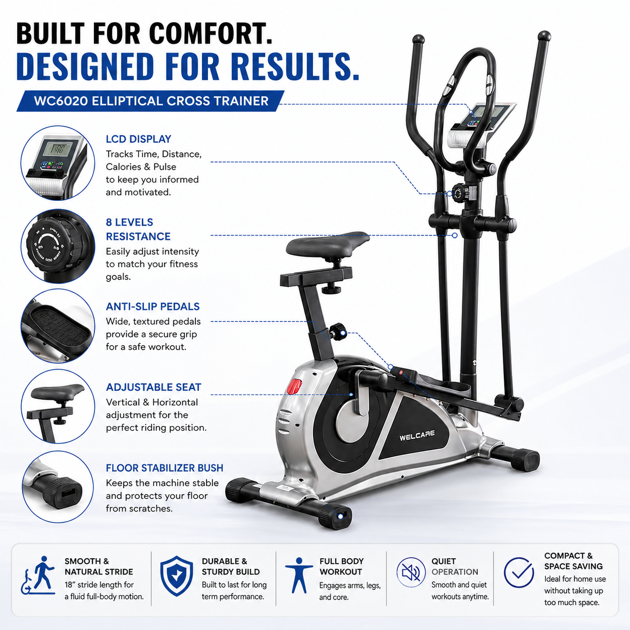 WC6020 Elliptical Cross Trainer – Magnetic Resistance Home Fitness Machine