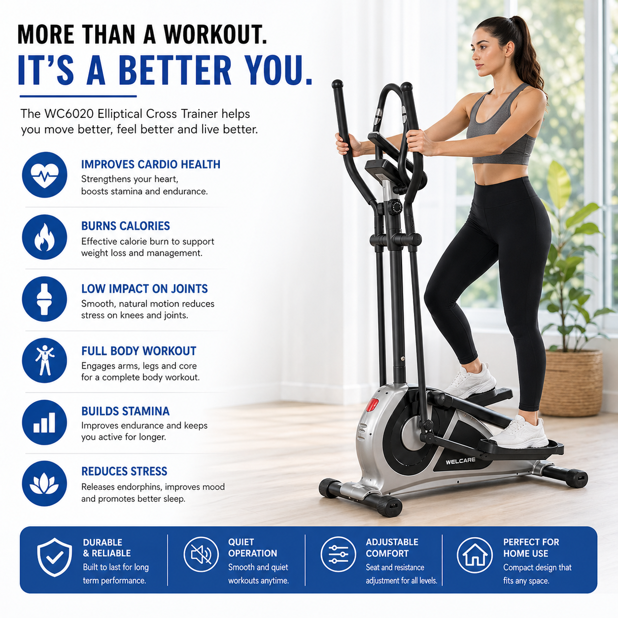 WC6020 Elliptical Cross Trainer – Magnetic Resistance Home Fitness Machine