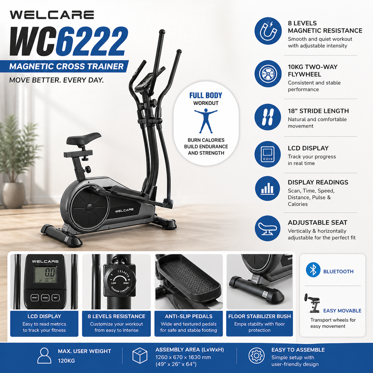 WC6222 Smart Magnetic Cross Trainer – Smooth 10kg Flywheel with Bluetooth Connectivity