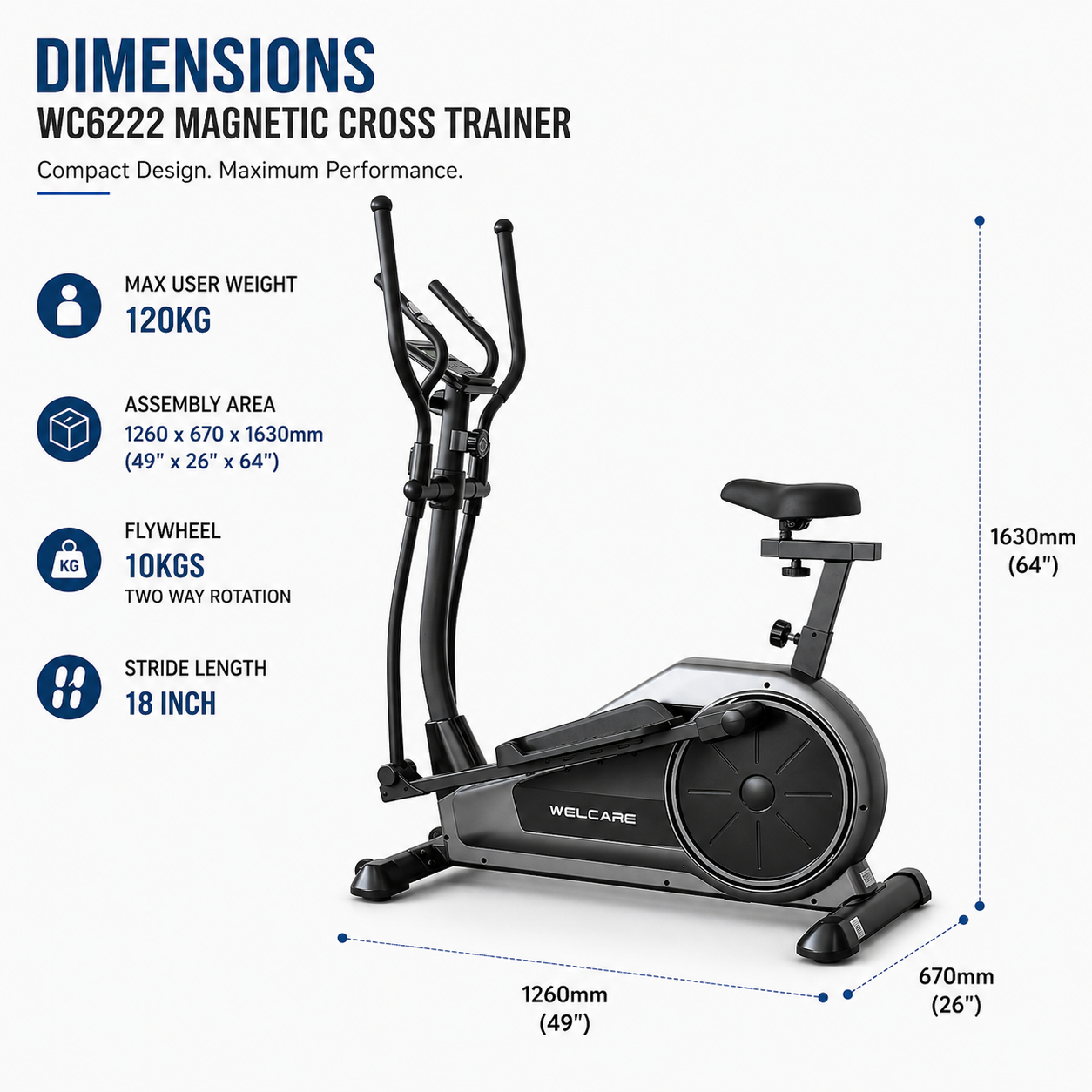 WC6222 Smart Magnetic Cross Trainer – Smooth 10kg Flywheel with Bluetooth Connectivity
