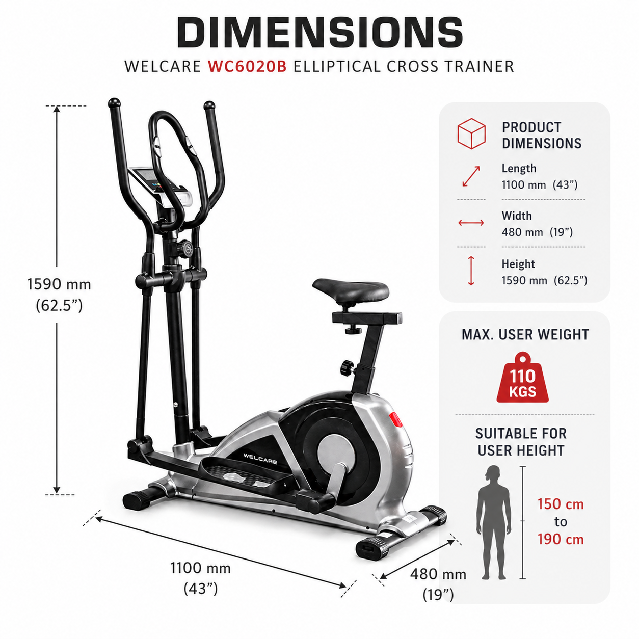 WC6020B Elliptical Cross Trainer with Bluetooth App Support, 10kg Flywheel & LCD Display