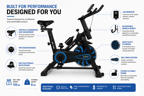 Body Gym Sky Rider Spin Bike with 6kg Flywheel & Adjustable Seat for Home Workouts