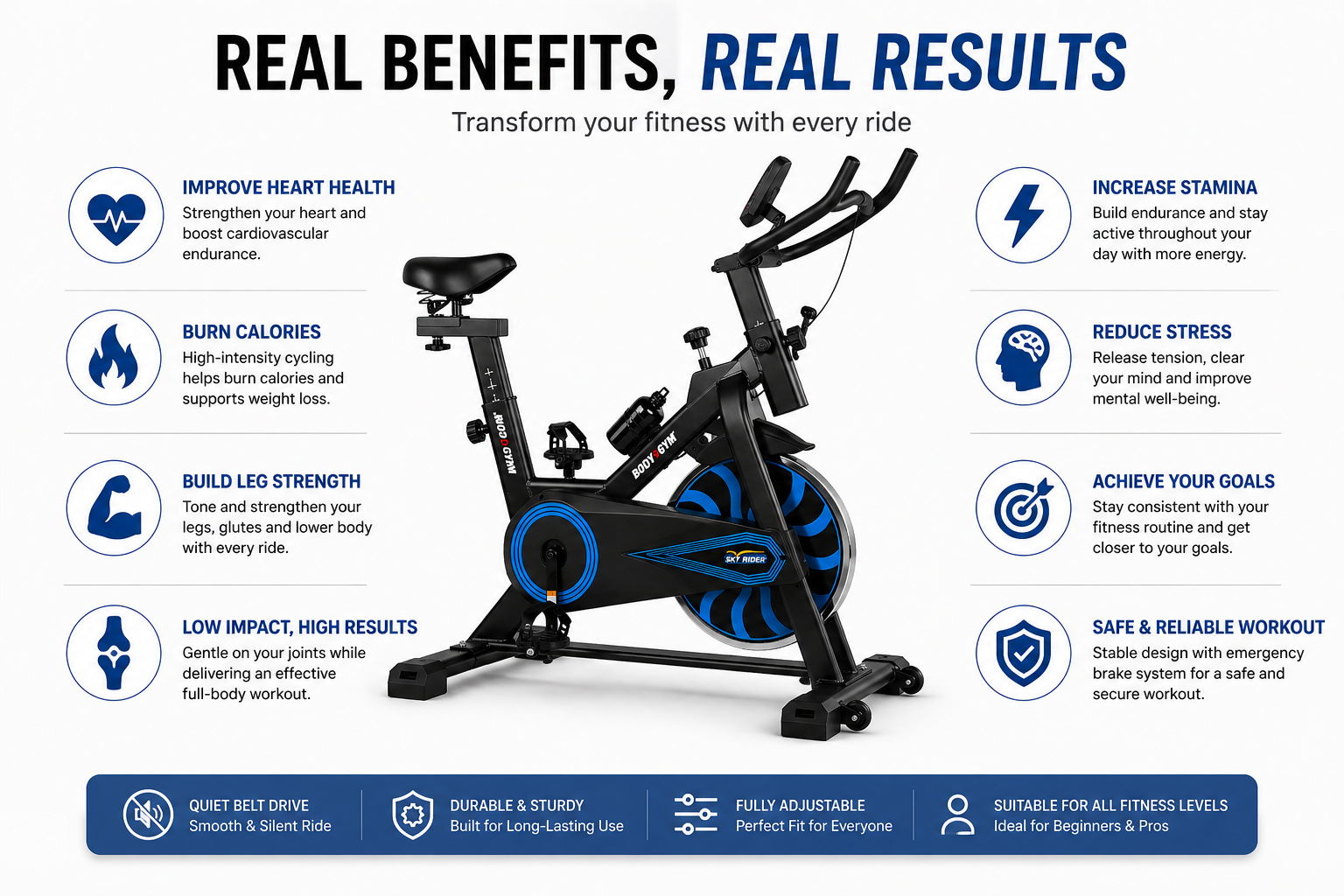 Body Gym Sky Rider Spin Bike with 6kg Flywheel & Adjustable Seat for Home Workouts