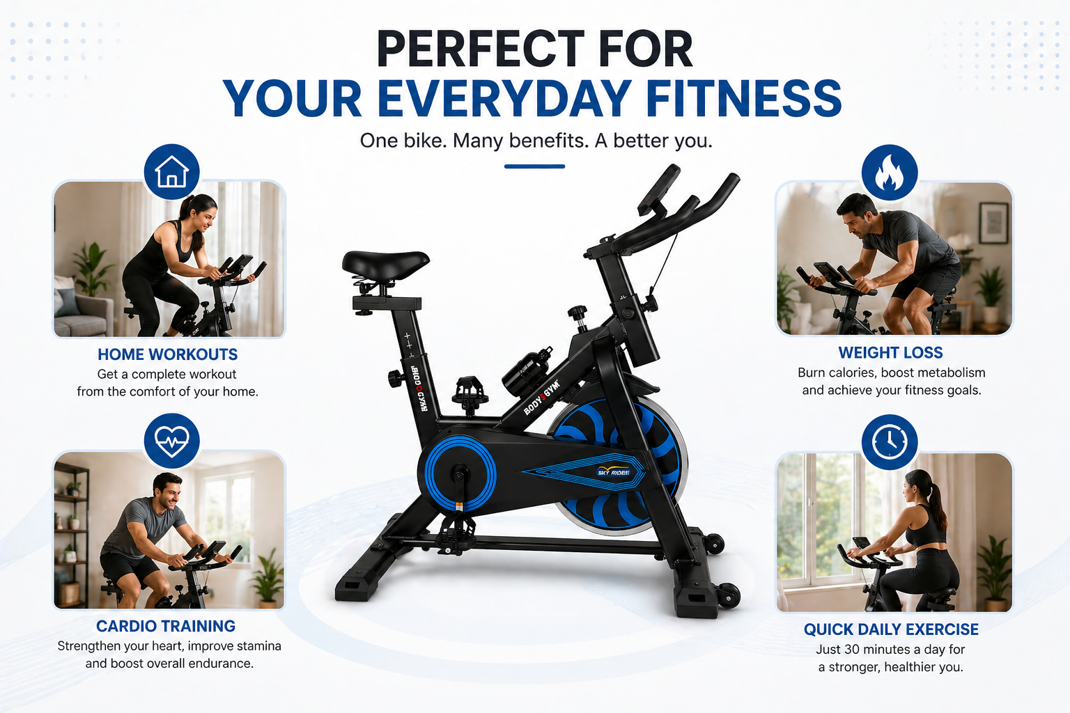 Body Gym Sky Rider Spin Bike with 6kg Flywheel & Adjustable Seat for Home Workouts
