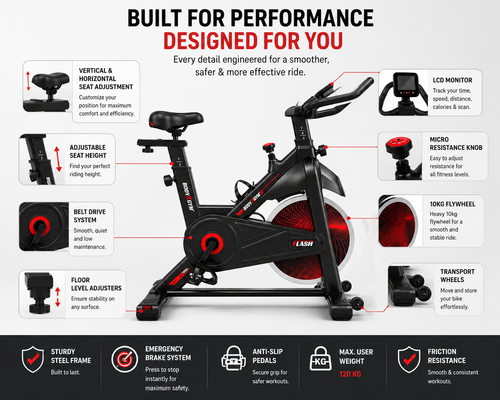 Body Gym Flash Spin Bike with 10kg Flywheel, LCD Display & Adjustable Seat