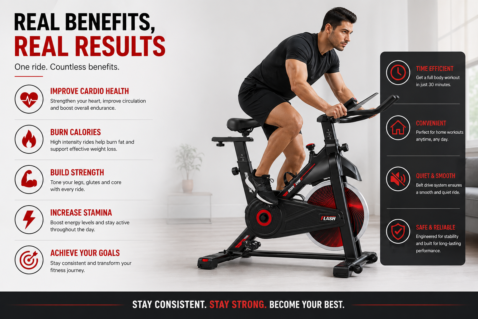 Body Gym Flash Spin Bike with 10kg Flywheel, LCD Display & Adjustable Seat