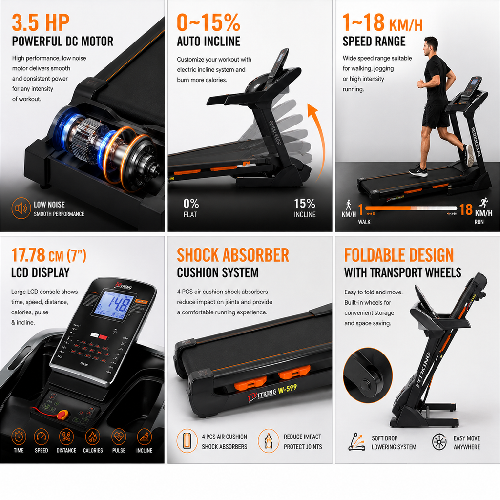 Fitking W-599 3.5HP Motorized Treadmill | 18 km/h Speed, Auto Incline, 7” Smart LCD