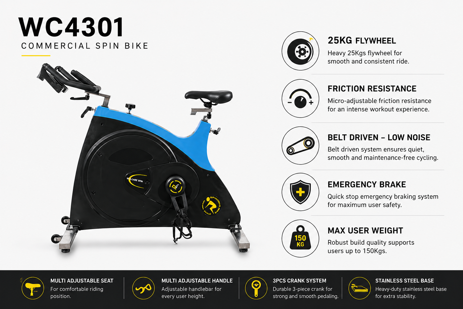 Welcare WC 4301 Spin Bike with 25kg Flywheel, Commercial Grade & Adjustable Seat