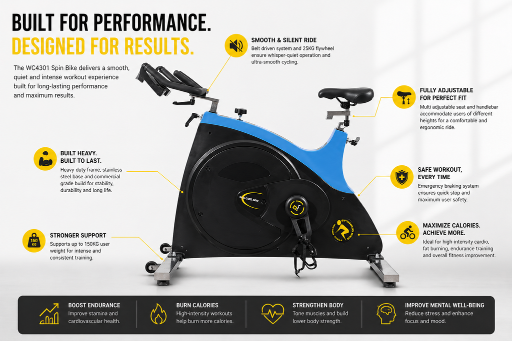 Welcare WC 4301 Spin Bike with 25kg Flywheel, Commercial Grade & Adjustable Seat