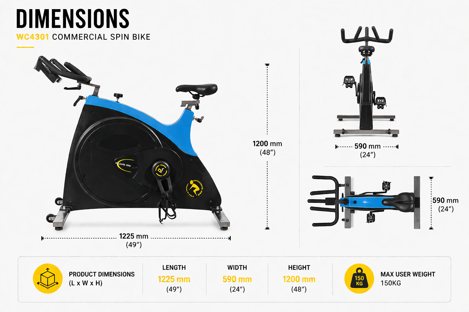 Welcare WC 4301 Spin Bike with 25kg Flywheel, Commercial Grade & Adjustable Seat