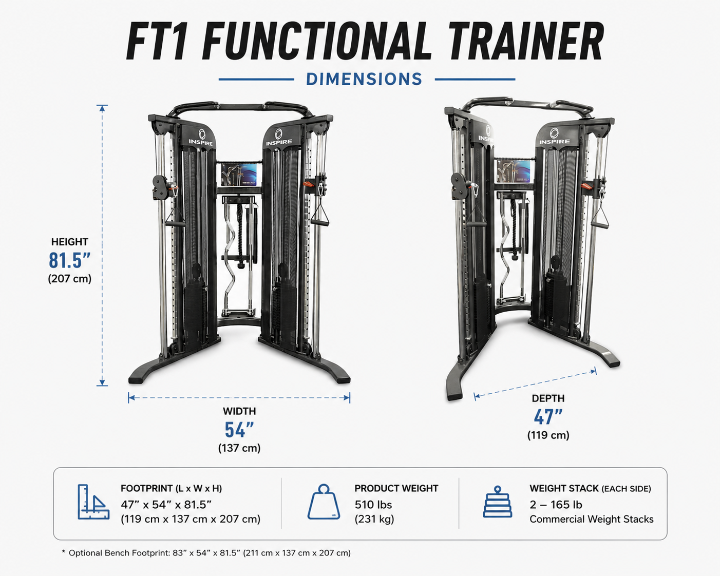 Inspire FT1 Functional Trainer with Dual 75kg Weight Stacks & Adjustable Pulley System