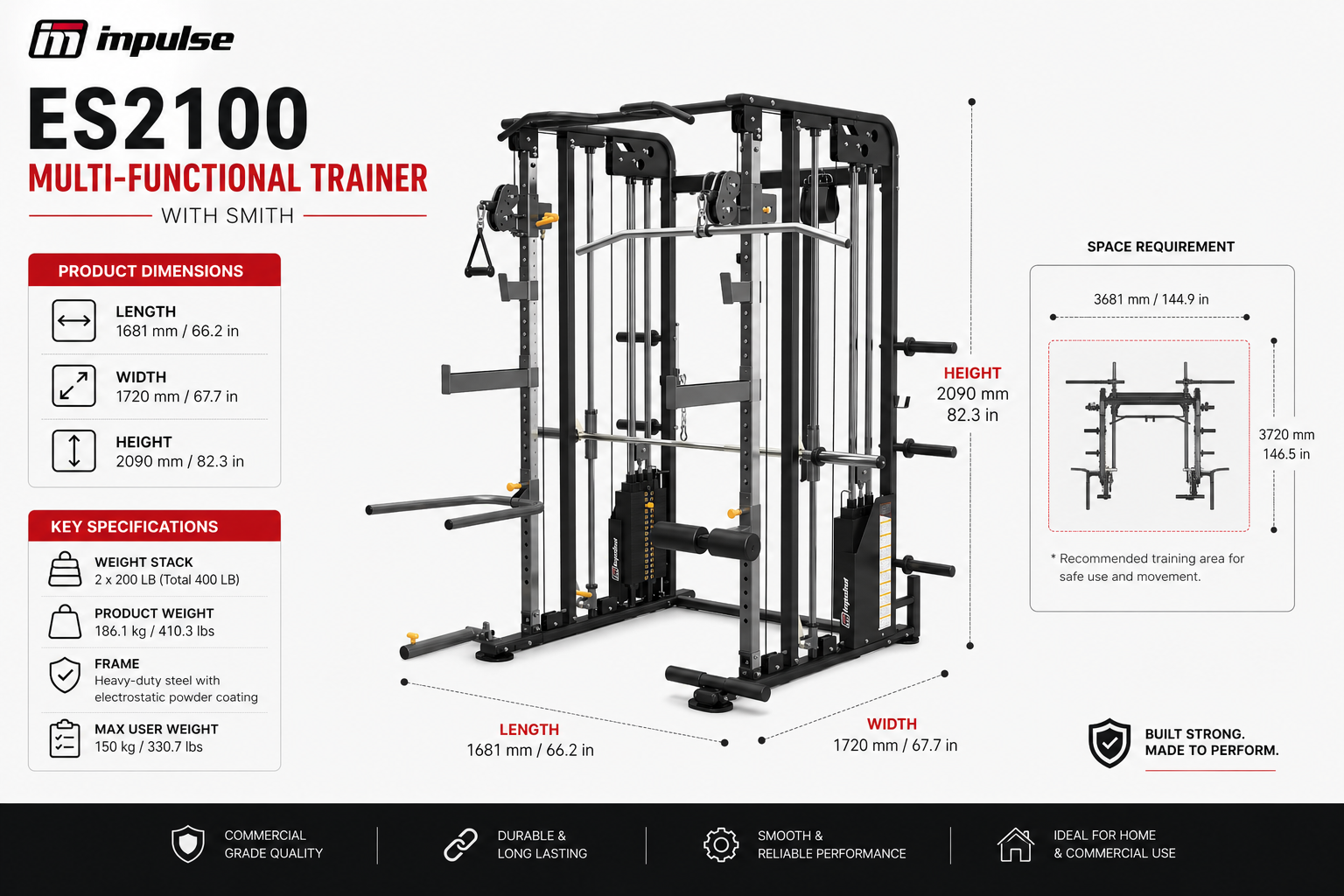 Impulse ES2100 Multi Gym with Smith Machine, Dual Weight Stacks & Adjustable Pulley System