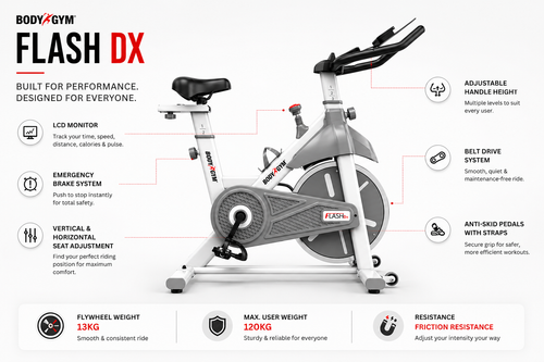 Body Gym Flash DX Spin Bike with 13kg Flywheel, LCD Display & Adjustable Seat