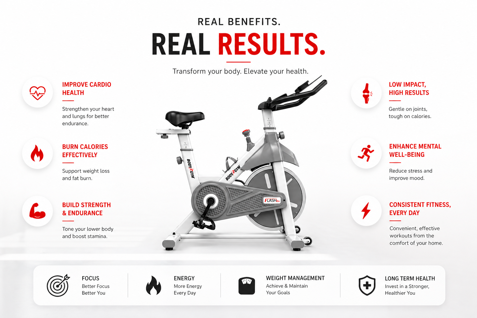 Body Gym Flash DX Spin Bike with 13kg Flywheel, LCD Display & Adjustable Seat