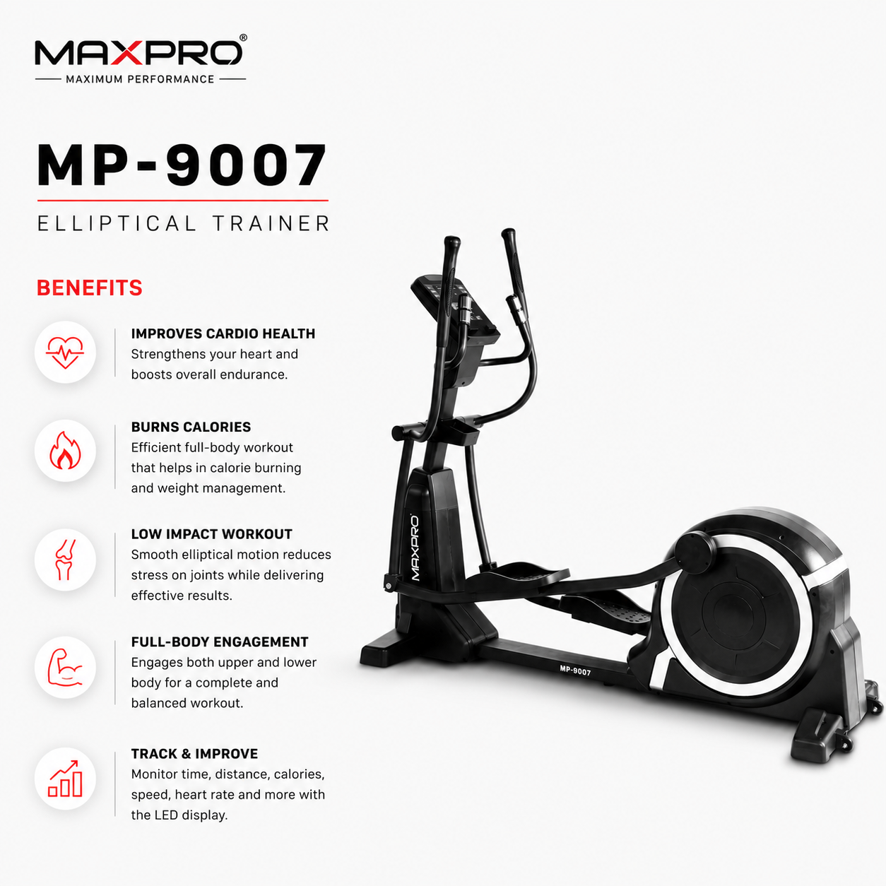 MAXPRO MP9007 Commercial Elliptical Trainer with 32-Level Auto Resistance & LED Display