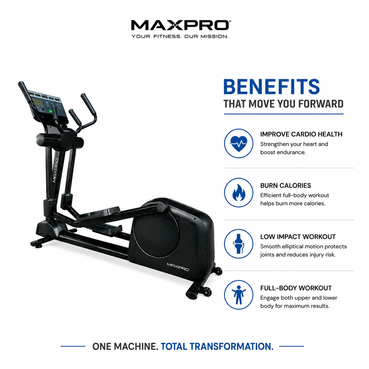 MAXPRO MP-9010 Commercial Elliptical Trainer | Self-Generating EMS Resistance | 180 kg Capacity