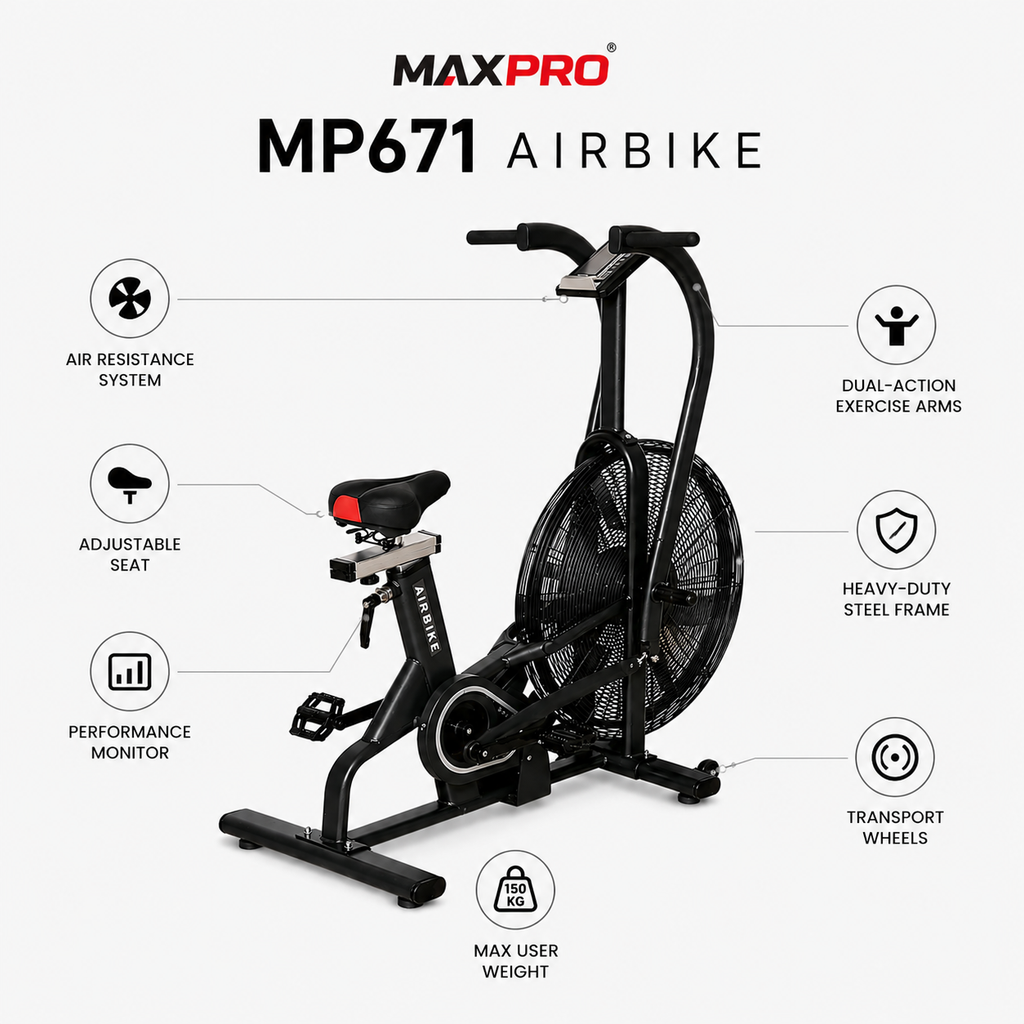 MAXPRO MP671 Commercial Air Bike | Unlimited Air Resistance | Full-Body Cardio Trainer