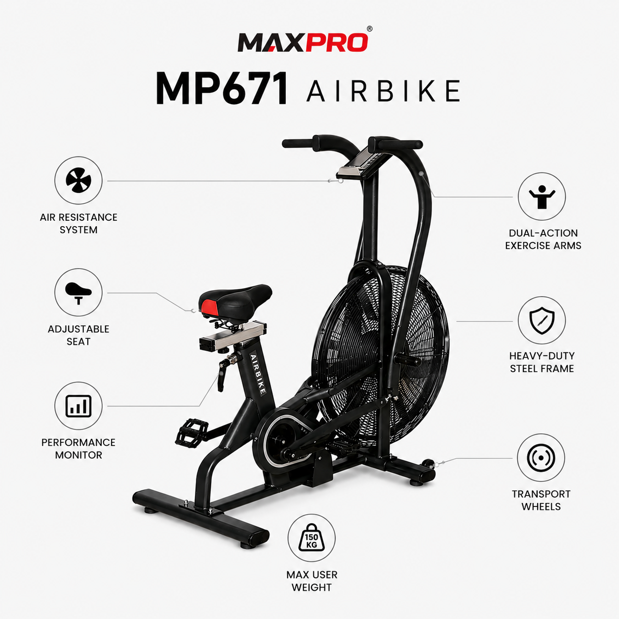MAXPRO MP671 Commercial Air Bike | Unlimited Air Resistance | Full-Body Cardio Trainer