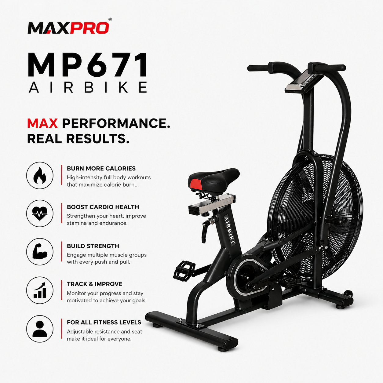 MAXPRO MP671 Commercial Air Bike | Unlimited Air Resistance | Full-Body Cardio Trainer