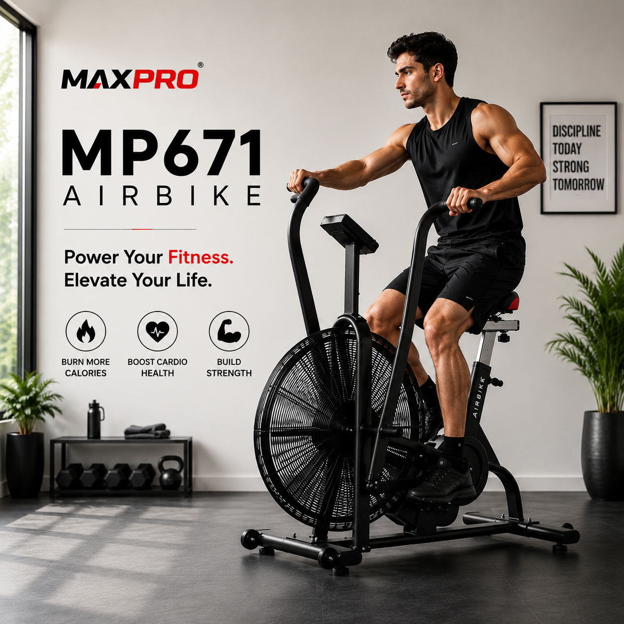MAXPRO MP671 Commercial Air Bike | Unlimited Air Resistance | Full-Body Cardio Trainer