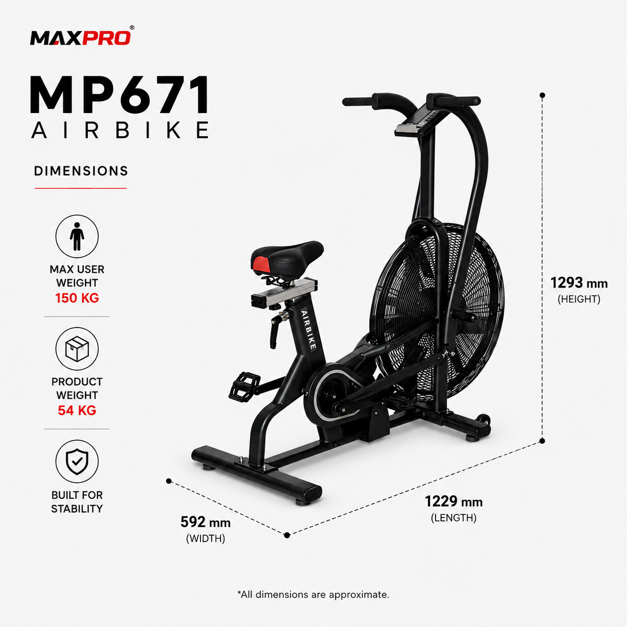 MAXPRO MP671 Commercial Air Bike | Unlimited Air Resistance | Full-Body Cardio Trainer