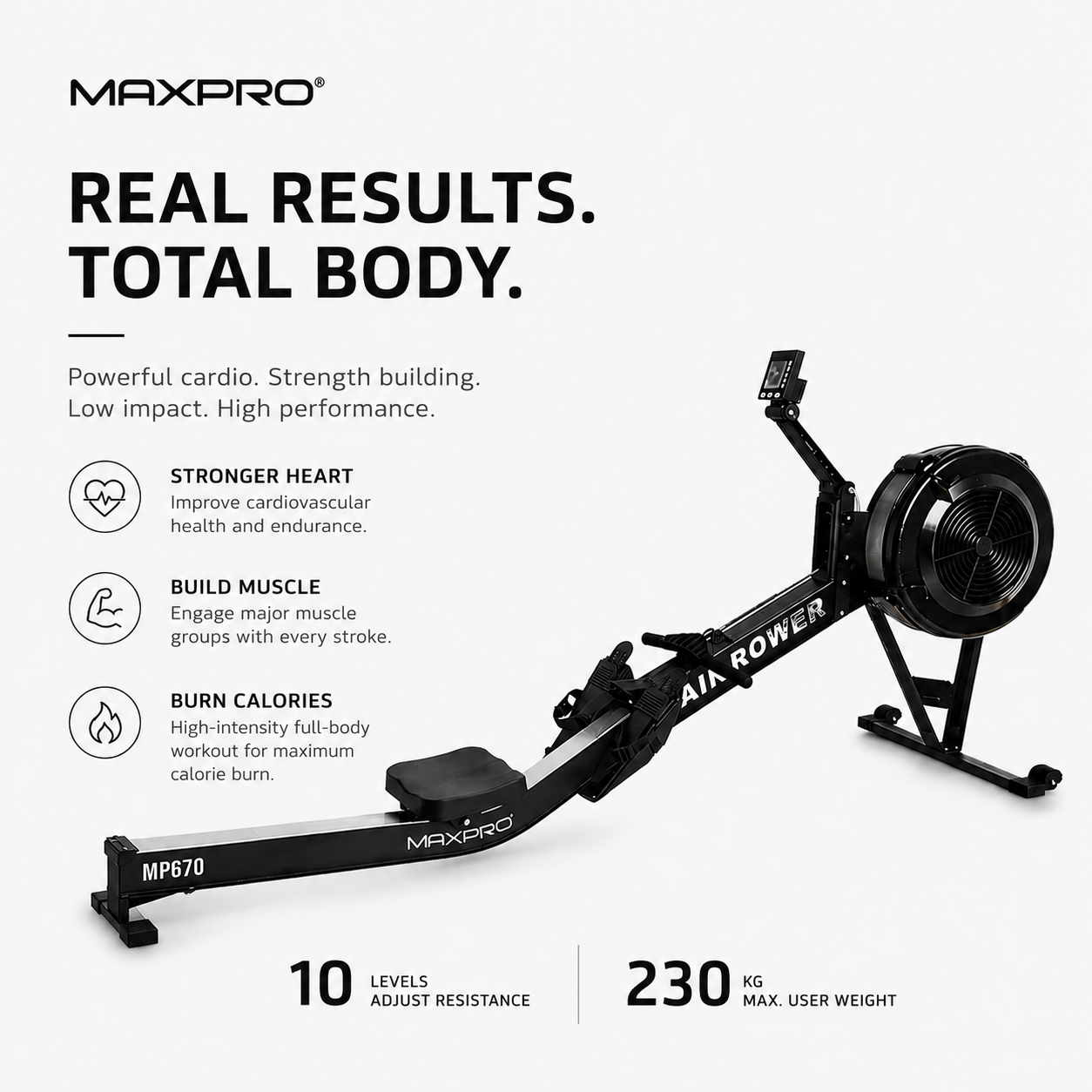 MAXPRO MP670 Commercial Air Rower | 10-Level Wind Resistance Rowing Machine