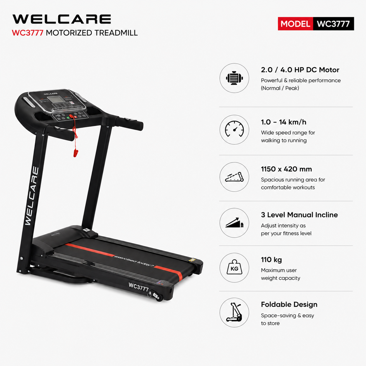 WELCARE WC3777 Motorized Treadmill | 2.0 HP DC Motor | 14 km/h Speed | Foldable Home Fitness Treadmill