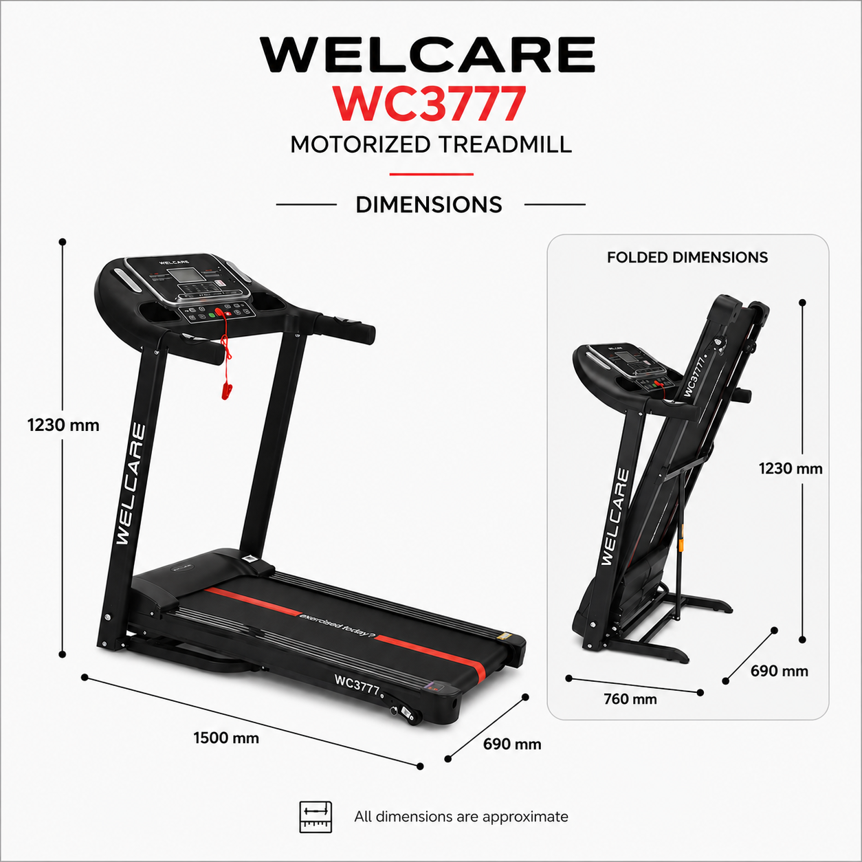 WELCARE WC3777 Motorized Treadmill | 2.0 HP DC Motor | 14 km/h Speed | Foldable Home Fitness Treadmill