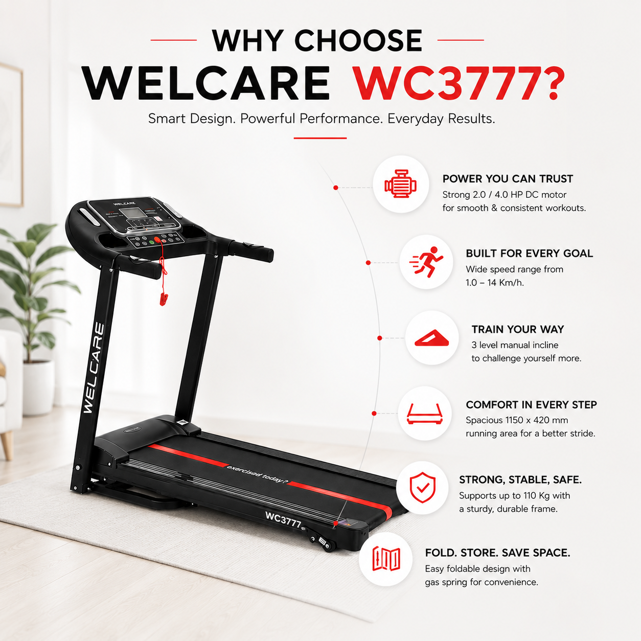 WELCARE WC3777 Motorized Treadmill | 2.0 HP DC Motor | 14 km/h Speed | Foldable Home Fitness Treadmill