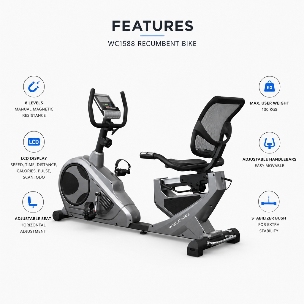 Welcare WC1588 Recumbent Bike with 10 Kg Flywheel & 8-Level Magnetic Resistance