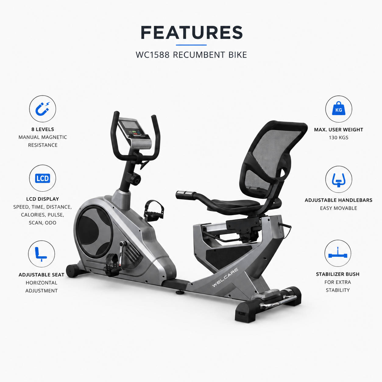 Welcare WC1588 Recumbent Bike with 10 Kg Flywheel & 8-Level Magnetic Resistance