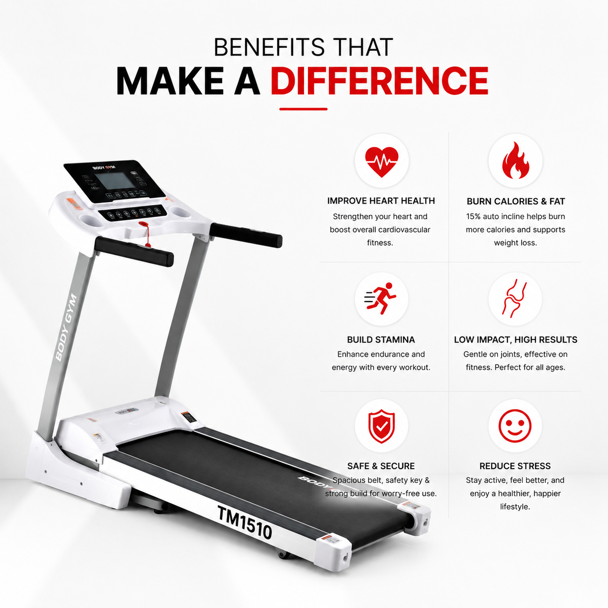 BODY GYM TM1510 Motorized Treadmill with 3HP Motor & 15% Auto Incline
