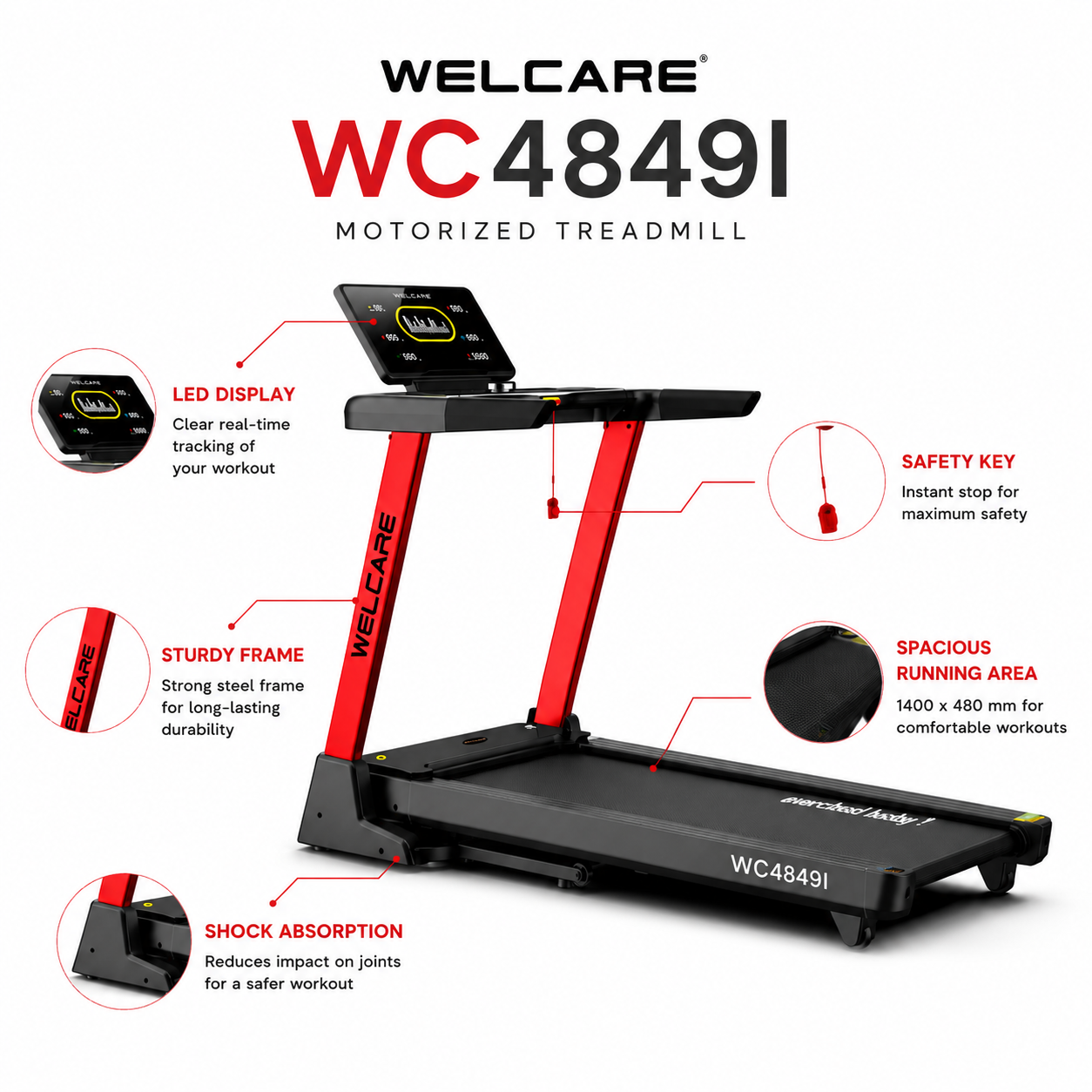 WELCARE WC4849I Motorized Treadmill with 15-Level Auto Incline & Bluetooth Connectivity