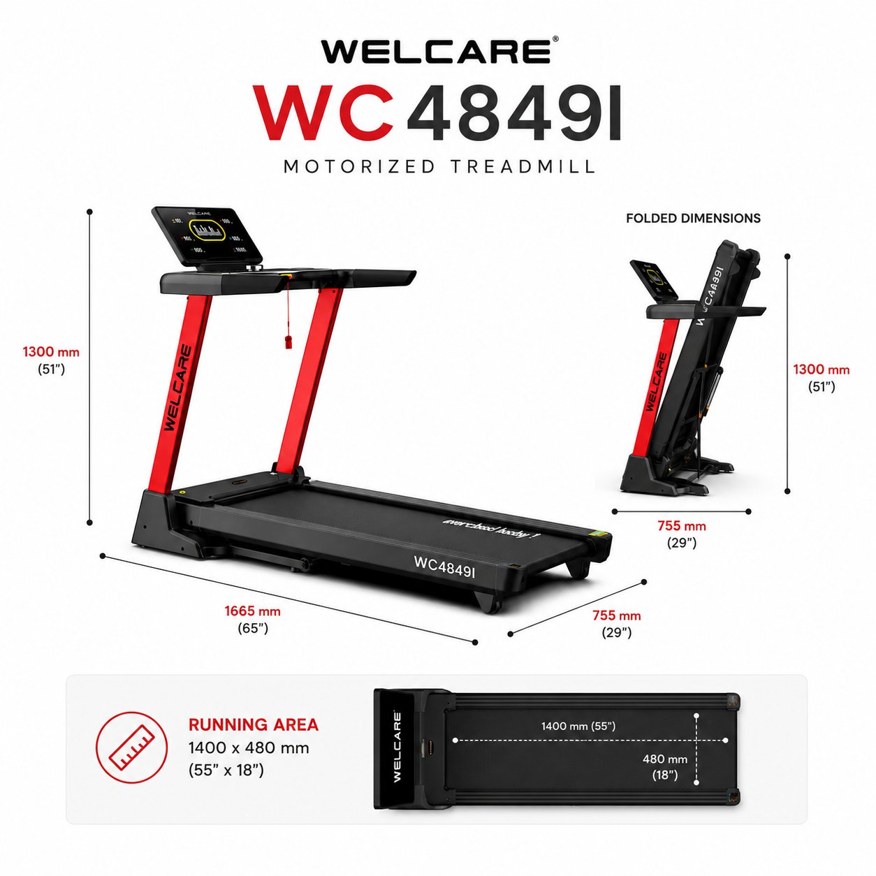 WELCARE WC4849I Motorized Treadmill with 15-Level Auto Incline & Bluetooth Connectivity