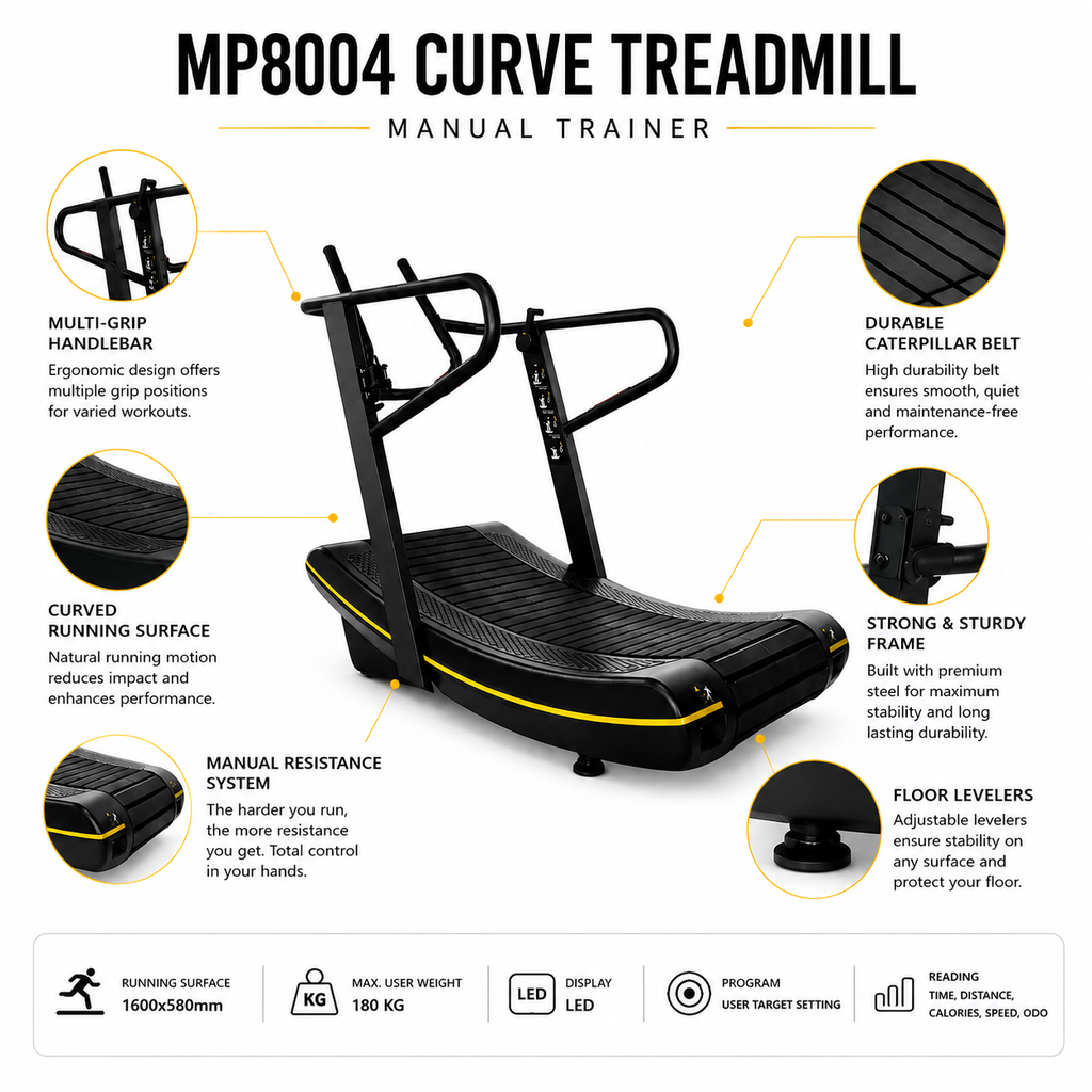 MP8004 Curved Manual Treadmill with LED Display & High Stability Design