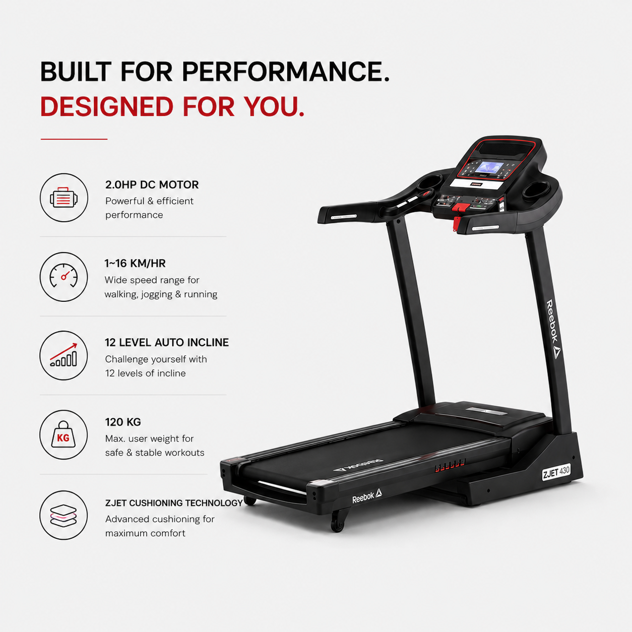 REEBOK ZJET430 Motorized Treadmill with 12-Level Auto Incline & Bluetooth Connectivity