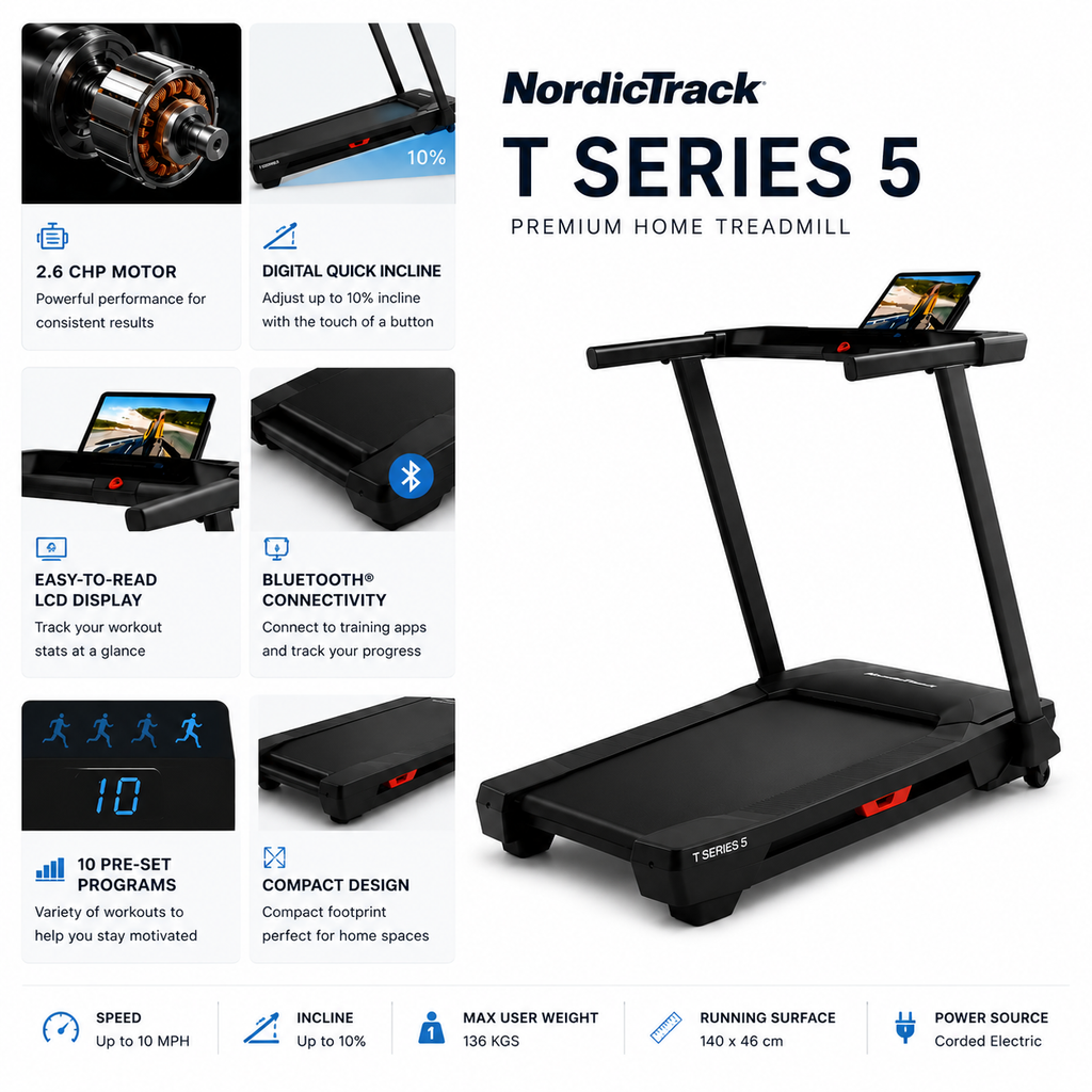 NordicTrack T Series 5 Motorized Treadmill for Smart Home Cardio Training