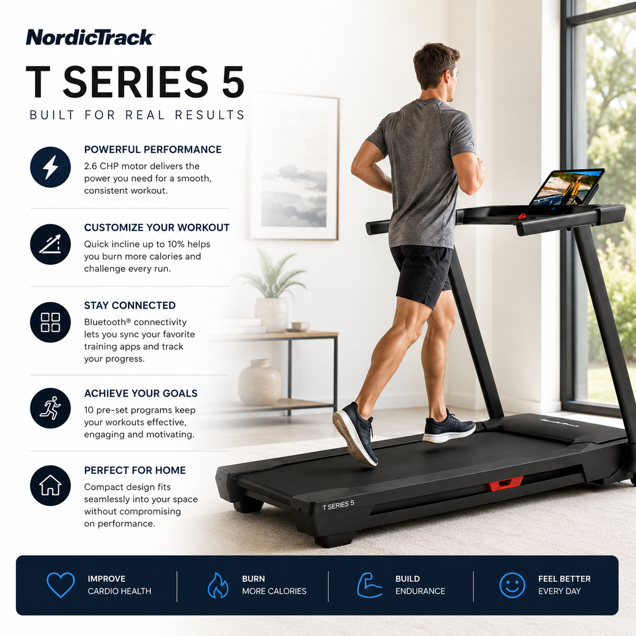 NordicTrack T Series 5 Motorized Treadmill for Smart Home Cardio Training
