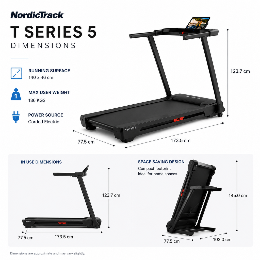NordicTrack T Series 5 Motorized Treadmill for Smart Home Cardio Training