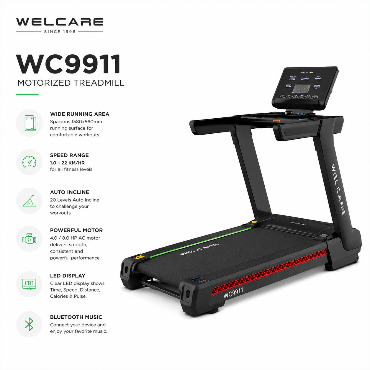 WC9911 Motorized Treadmill with 4.0 HP AC Motor & 20-Level Auto Incline