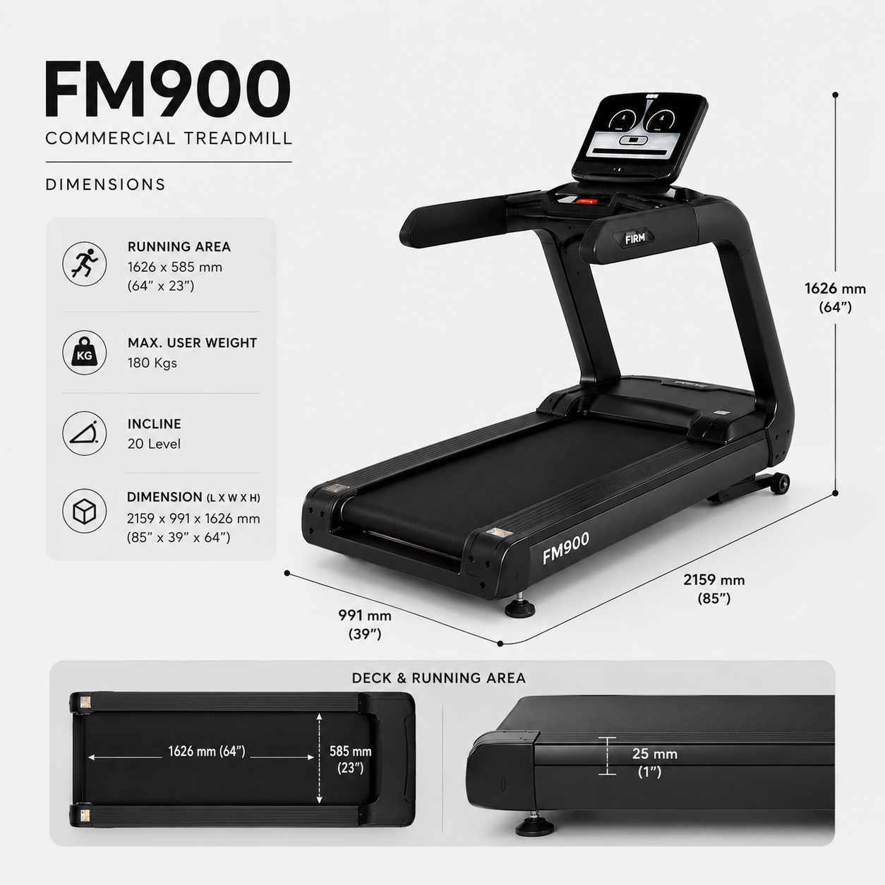 Firm FM900 Commercial Treadmill with 4.0/8.0 HP AC Motor & 20-Level Incline