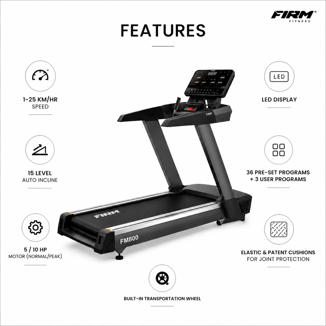 Firm FM800 Commercial Treadmill with 5/10 HP Motor & 15-Level Auto Incline