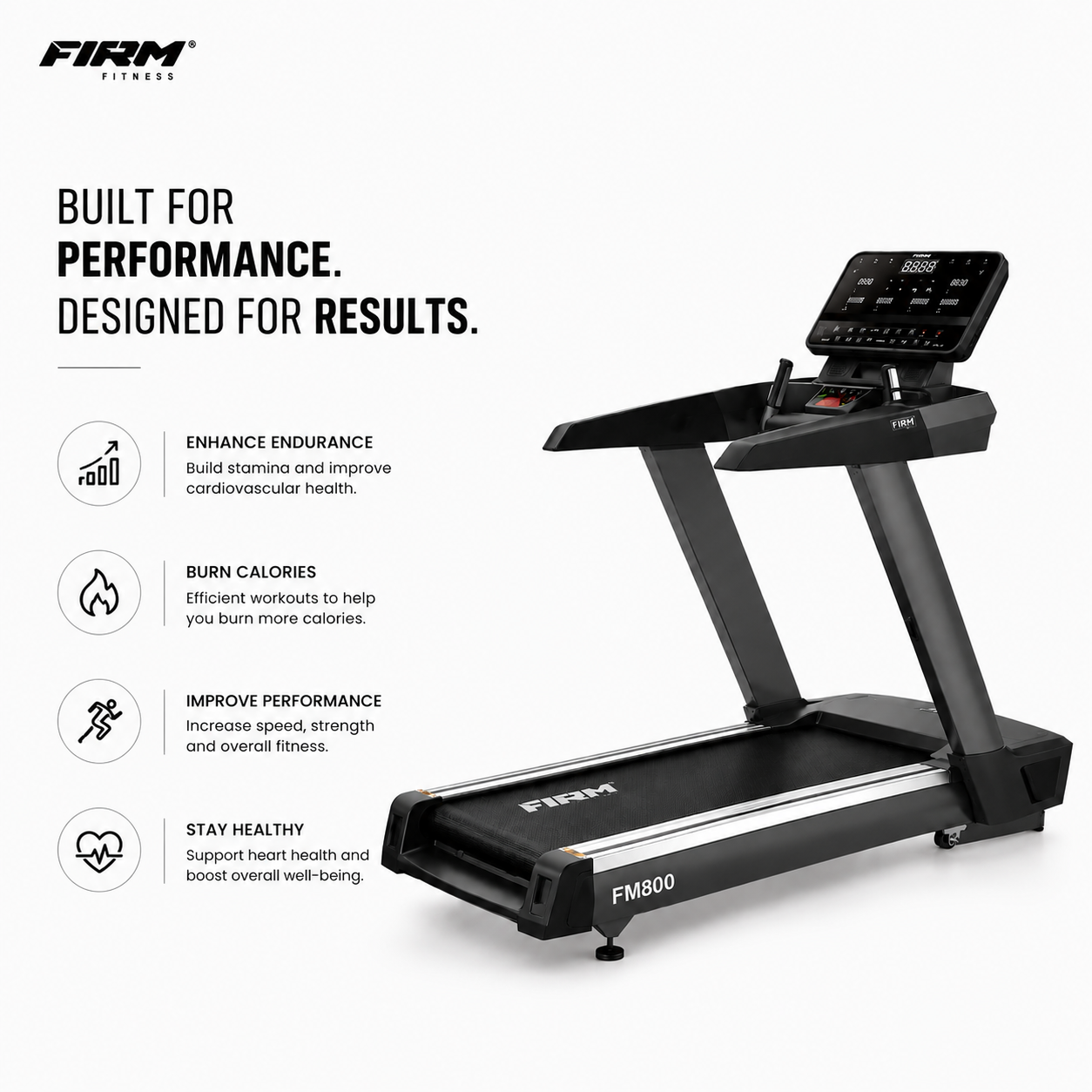 Firm FM800 Commercial Treadmill with 5/10 HP Motor & 15-Level Auto Incline
